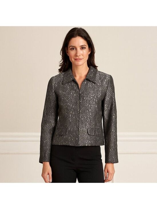 Alfred Dunner Jackets & Blazers - Alfred Dunner Petite Snake-Textured Zip Jacket | Shiny Gray & Black | Size 6P